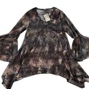 Dor Dor Couture Tunic Swim Cover Up Small Mesh Tribal Bell Sleeve Shark Bite